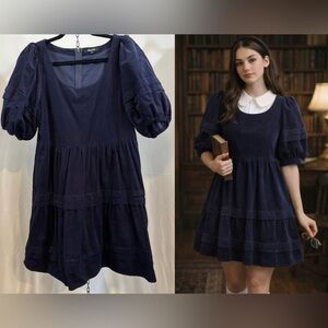 Madewell Corduroy Tiered Mini Dress navy Sz Med NWOT Preppy Dark Academia